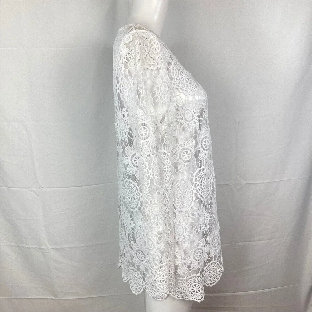 Anne Klein Sweater Womens Sz S White Crochet Lace Round Neck Tunic Pullover - Picture 4 of 9